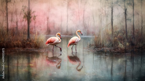 Lovely painting of pink flamingos in a pond with water and reed Generative AI Illustration
