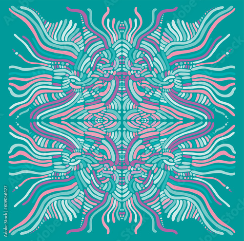 Hippie trippy psychedelic abstract mandala with intricate wavy ornaments, muted color, isolated on blue background. Boho decorative tile texture.