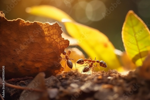 Ants carry the leaves back to build their nests  carrying leaves  close-up. sunlight background. Concept team work together. Generative AI