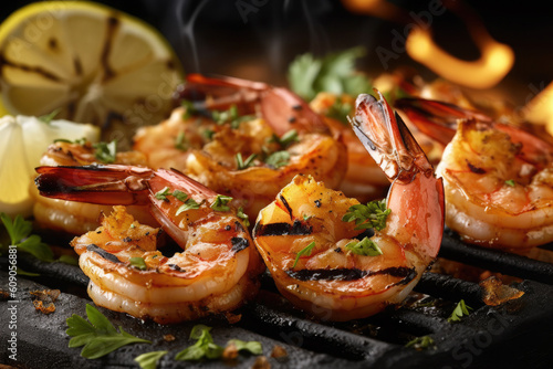 Grilled tiger shrimps with spice and lemon. Grilled seafood. Ai generative