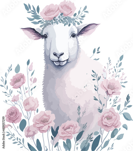 pink watercolor sheep with pink flowers