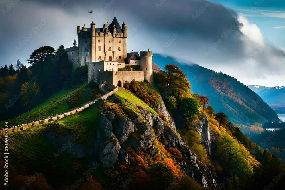 A majestic medieval castle perched atop a rugged cliff, its imposing stone walls standing tall against the crashing waves below, surrounded by a lush forest with vibrant autumn foliage