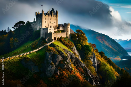 A majestic medieval castle perched atop a rugged cliff  its imposing stone walls standing tall against the crashing waves below  surrounded by a lush forest with vibrant autumn foliage