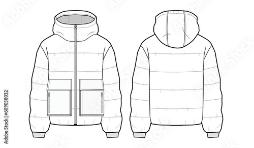 Unisex Hooded Zip-up Puffer Jacket technical fashion Illustration. Cropped Down Jacket technical drawing template, long sleeve, pocket, front and back view, white, women, men, unisex CAD mockup.