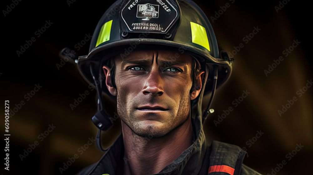 Portrait of a fireman wearing Fire Fighter turnouts and helmet. Background is red and blue smoke and light. Turnouts are protective clothing. Generative AI