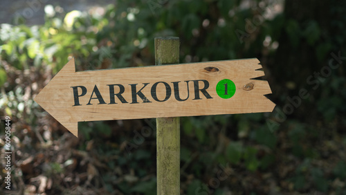 Parkours sign of adventure treetop park ropes and elements, for tree climbing sport and accrobranche.	