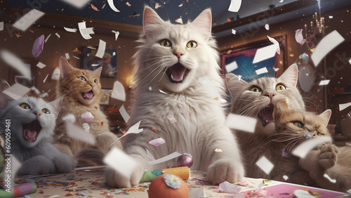 a picture of cats chasing the paper confetti on a dining room table