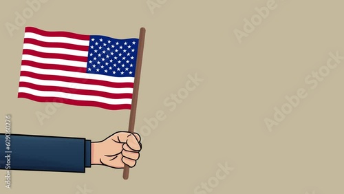 National symbol of the American. Patriotic Waving American flag Animation. Loyal citizen! Male hand waving the Usa flag. Matte finish, 4K Resolution.
