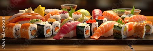 banner assorted sushi nigiri and maki big set on slate. a variety of japanese sushi with tuna, crab, salmon, eel and rolls. top view. generative ai technology
