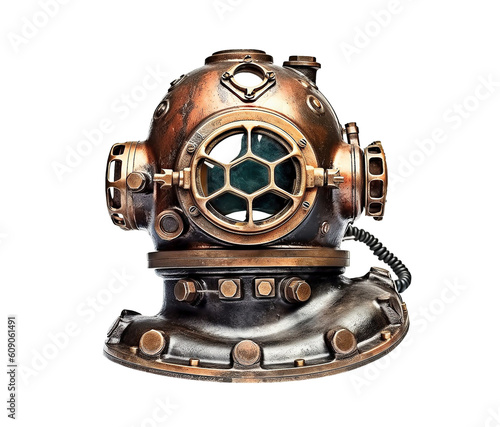 Vintage underwater diver helmet isolated on transparent background, created with generative AI
