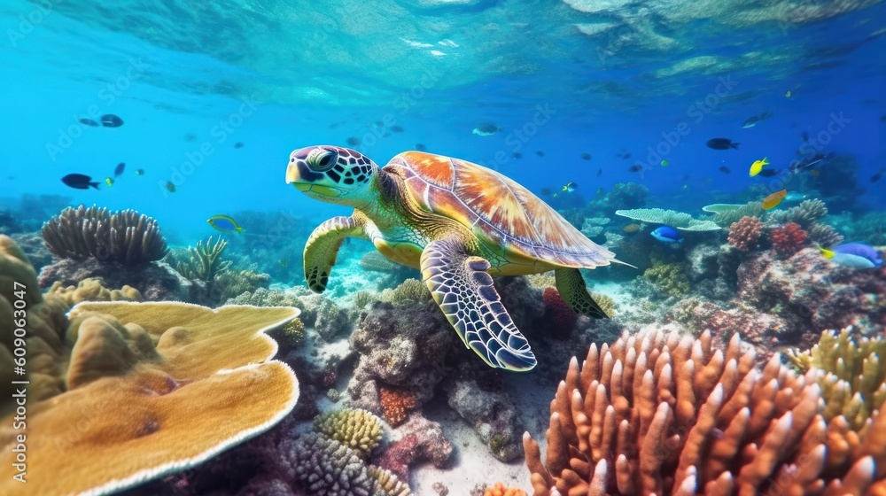 Sea turtle swimming over the coral reef. Generative AI. Sea turtle swimming over the coral reef. Generative AI.