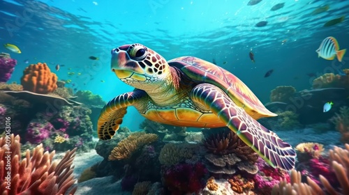 Sea turtle swimming over the coral reef. Generative AI.