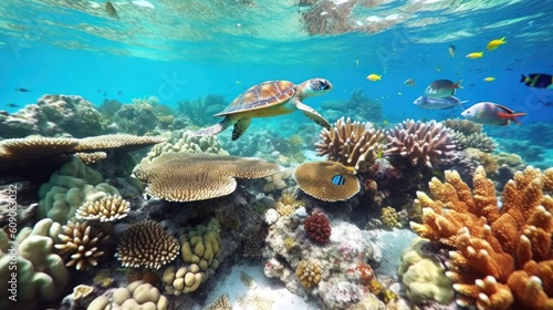 Sea turtle swimming over the coral reef. Generative AI.