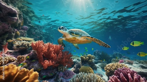 Sea turtle swimming over the coral reef. Generative AI.