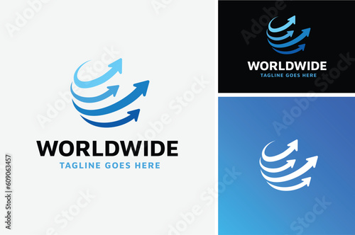 Globe and Arrows Path for Aircraft Transportation or World Wide Global Distribution Access Business logo design