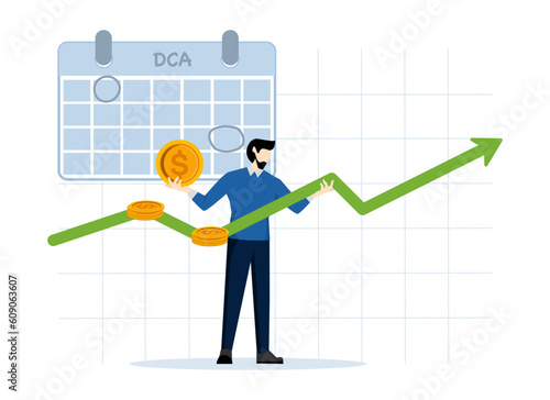 DCA, Dollar-Cost Averaging, is a form of investment. at the average cost by continuing to invest in each period with the same investment amount. flat vector illustration on a white background.