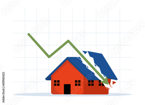 Housing crisis, real estate debt, or falling property prices. Low cost real estate concept. Arrow graphic about house. effect of global recession. flat vector illustration on a white background.