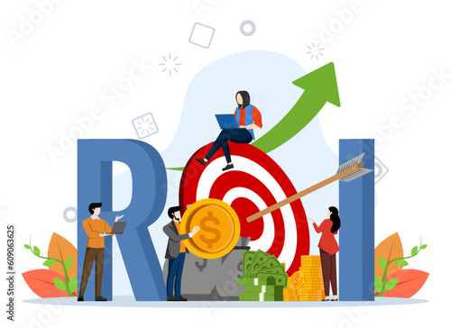 Return of investment ROI concept, Showing people managing financial revenue and profit, Suitable for landing page, UI, web, app intro card, editorial, flyer and banner, Vector Illustration.