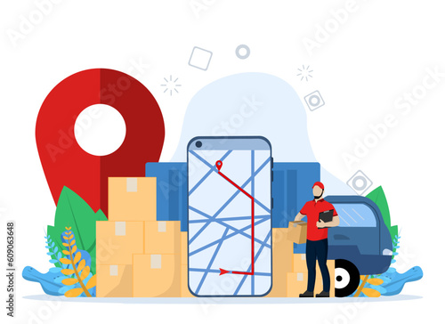 Parcel delivery service, delivery service, customer home delivery service by Van. track package position. fast delivery service. Online delivery via mobile app. flat vector illustration.