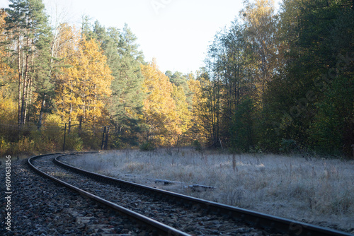 Naturalny krajobraz jesienny z elementami infrastruktury kolejowej