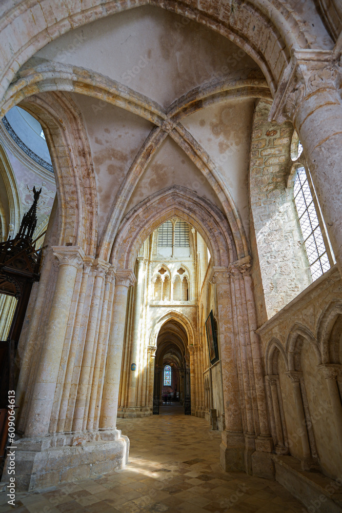 Provins, France - May 24, 2023 : Vaulted ceiling in the aisle of the Saint Quiriace Collegiate Church in Provins, a medieval city in the French department of Seine et Marne in Paris region