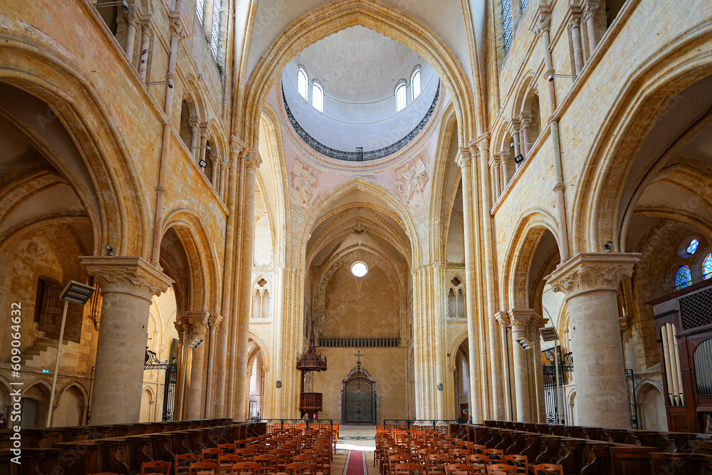 Provins, France - May 24, 2023 : Nave of the Saint Quiriace Collegiate Church in Provins, a medieval city in the French department of Seine et Marne in Paris region