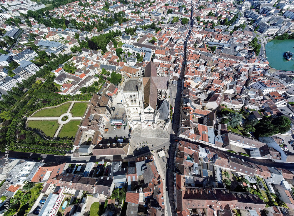 Vertical aerial view of the Saint Etienne cathedral located in the city center of Meaux in the French department of Seine et Marne in the Brie region near Paris, France