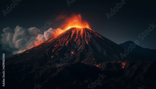 Erupting mountain peak, beauty in nature adventure generated by AI