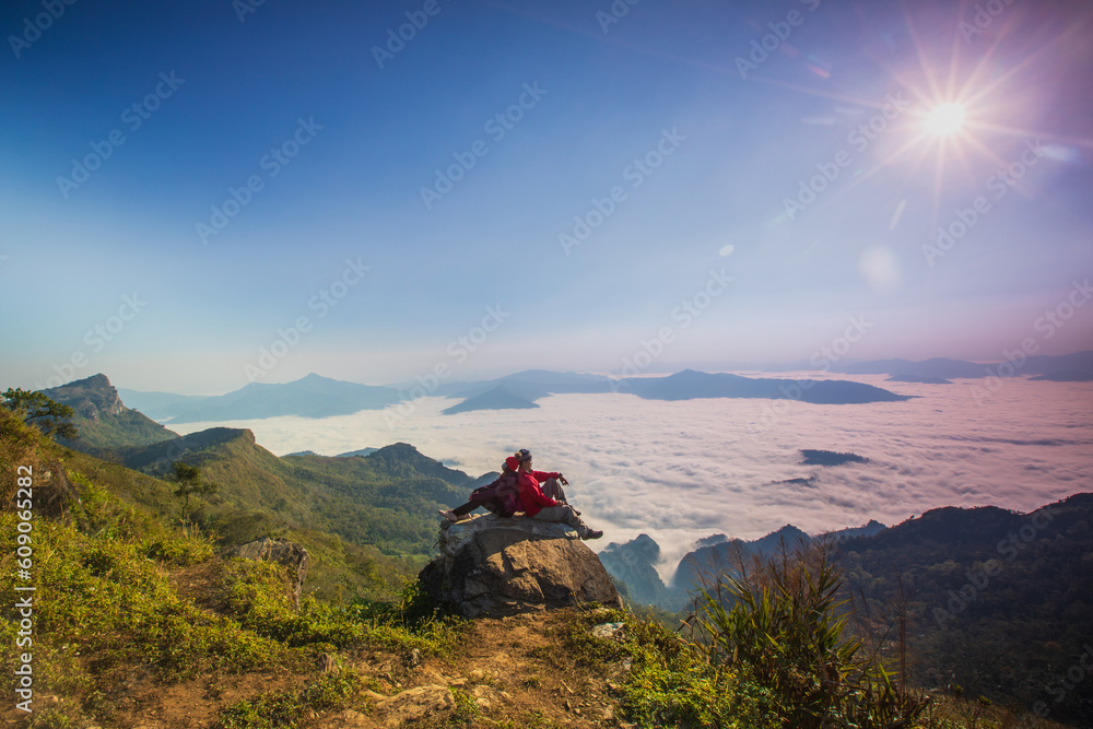 The lover  hiking on Phu Chee Duean mountain, border of Thailand and Laos, Chiang Rai province, Thailand.