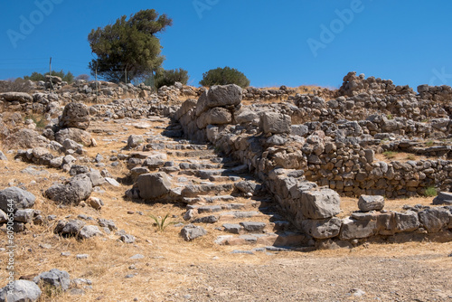 Zakros Palace steps in the town, minoan archeological site in Kato Zakros. Lasithi Province, Crete Greece
