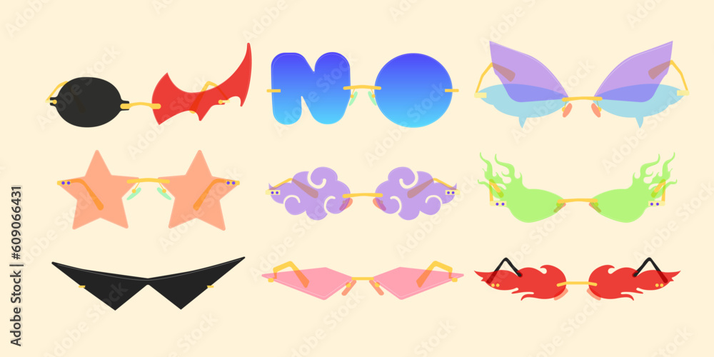 Fototapeta premium Big set of stylish colored summer accessories for sunny weather in retro style. Isolated illustrations on the background. Vector design of illustration elements