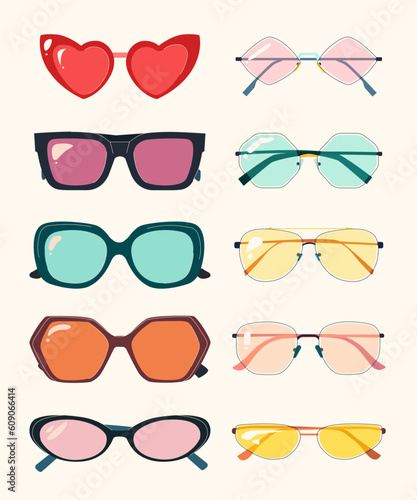 A set of stylish colored summer accessories for sunny weather. Stylish accessories from the sun for the city and the beach. Background, sun protection, vector set. Luxury isolated illustrations