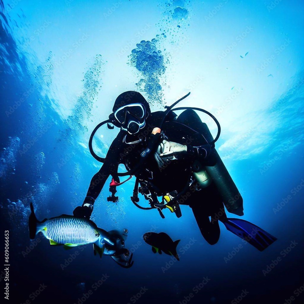 Scuba diving and snorkeling in the sea and ocean