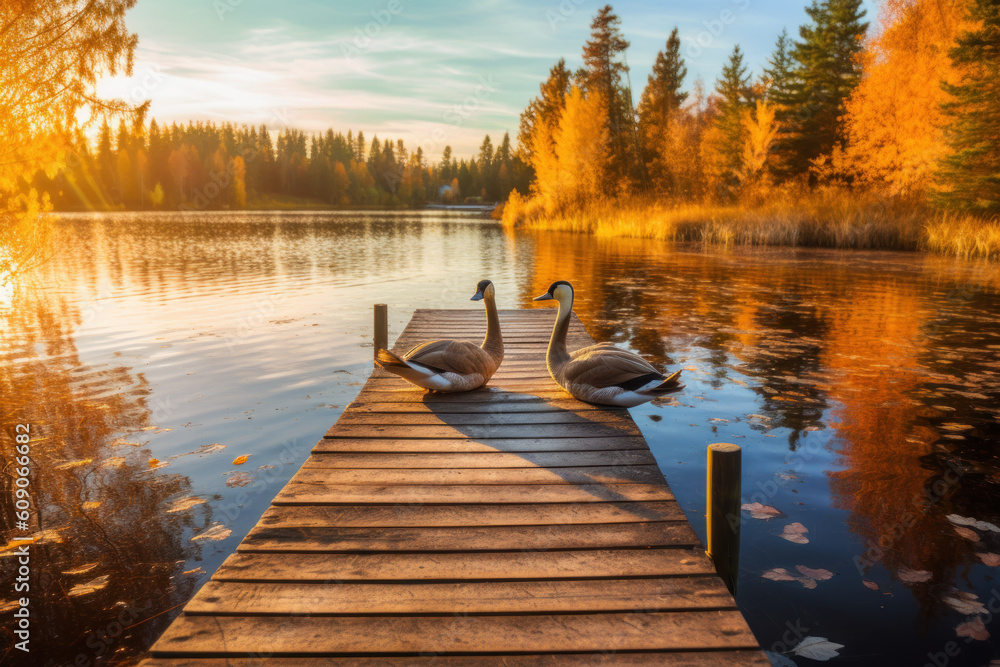 two ducks on pond in park in autumn. generative ai two ducks on pond in park in autumn. generative ai