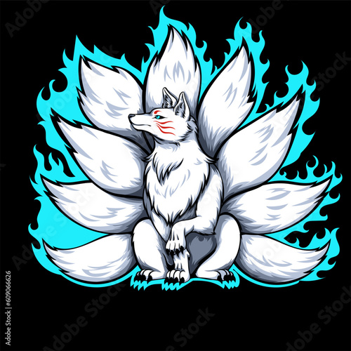 nine tail kitsune fox white fur blue fire vector tattoo character