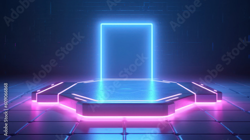 3d neon podium background. Copy space product presentation. Generative ai.