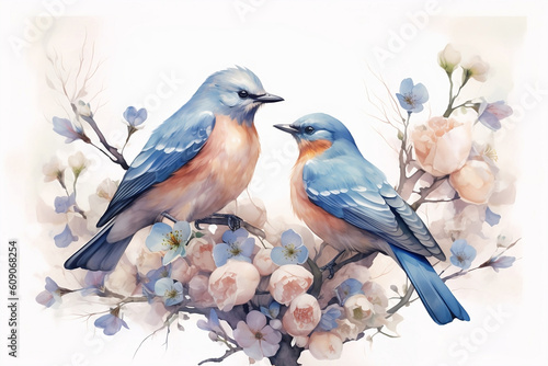 Pair of blue birds in spring nature. Pastel color style in blue tones - Generative AI © Lubos Chlubny