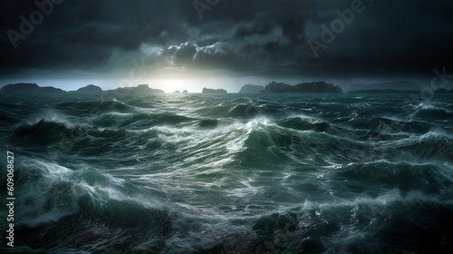 dark ocean storm with lighting and waves at night © Witri