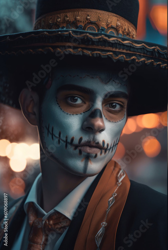 Generative AI Dia de los Muertos carnival Photorealistic porteit men  photo