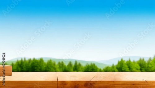Wooden table  product stand  scenery background  blue sky  close-up  empty space on the table Generate by AI