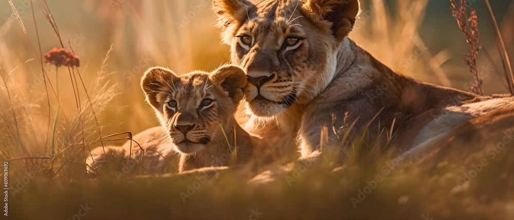 Obraz premium lioness with a lion cub lie on the grass and look into the distance
