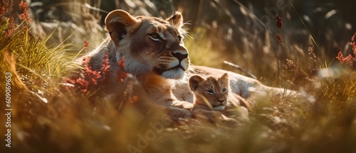 lioness with a lion cub lie on the grass and look into the distance