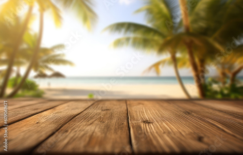 Empty wooden table on blurred tropical beach background