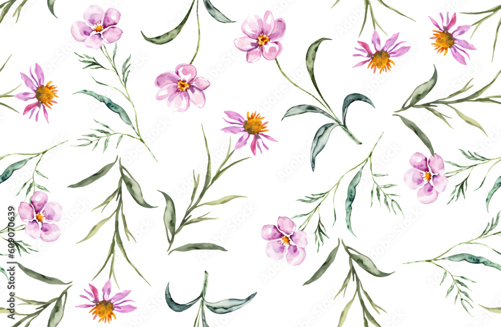 Cute seamless pattern with wildflowers, branch, leaves. Vintage background. Creative childish texture for fabric, wrapping, textile, watercolor. Vector illustration.