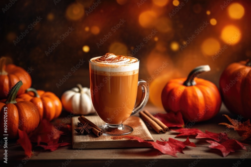 Delicious Pumpkin Spice Latte with Fall Leaves and Pumpkins in the Background. Generative AI Delicious Pumpkin Spice Latte with Fall Leaves and Pumpkins in the Background. Generative AI