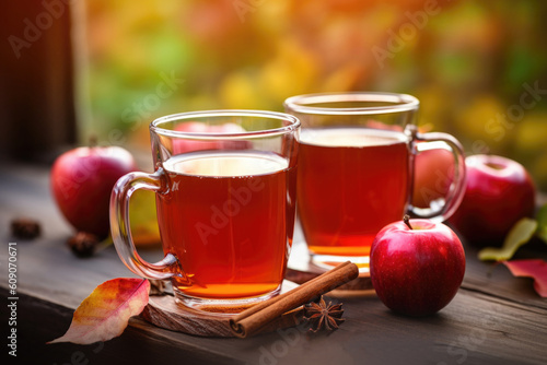 Delicious Hot Apple Spiced Cider with Fall Leaves in the Background. Generative AI