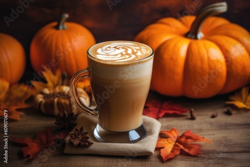 Delicious Pumpkin Spice Latte with Fall Leaves and Pumpkins in the Background. Generative AI photo