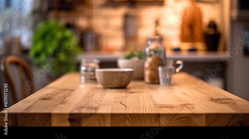 wooden empty table for mock up against blurred kitchen background with bokeh. AI Generative