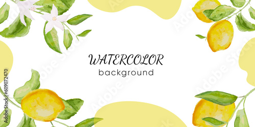 Banner with lemon flowers, citrus branch and leaves.