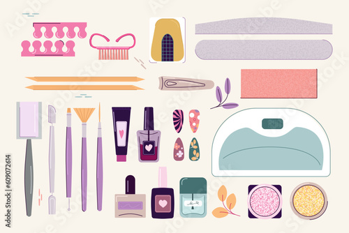 Equipment for nail extension and design.Manicure tool kit. Nail service salon. A set of fashionable nail elements for the banner. Isolated flat elements vector design